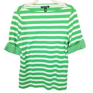 Lauren Ralph Lauren Womens Striped Shirt Kelly Green Preppy Coastal Sz L Cotton